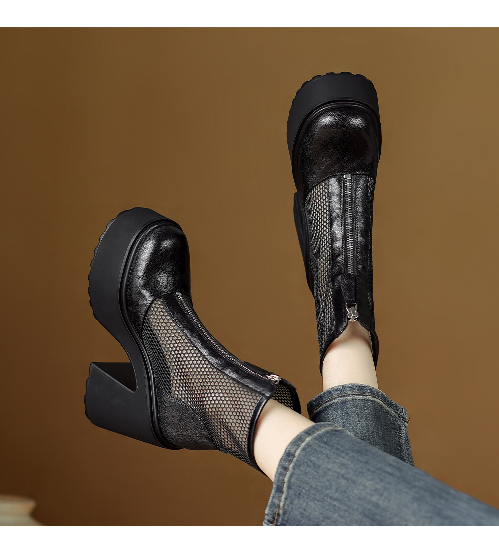 Boot nữ đế dày cao gót lưới thoáng khí kéo khóa trước phong cách combat — màu đen chi tiết 8