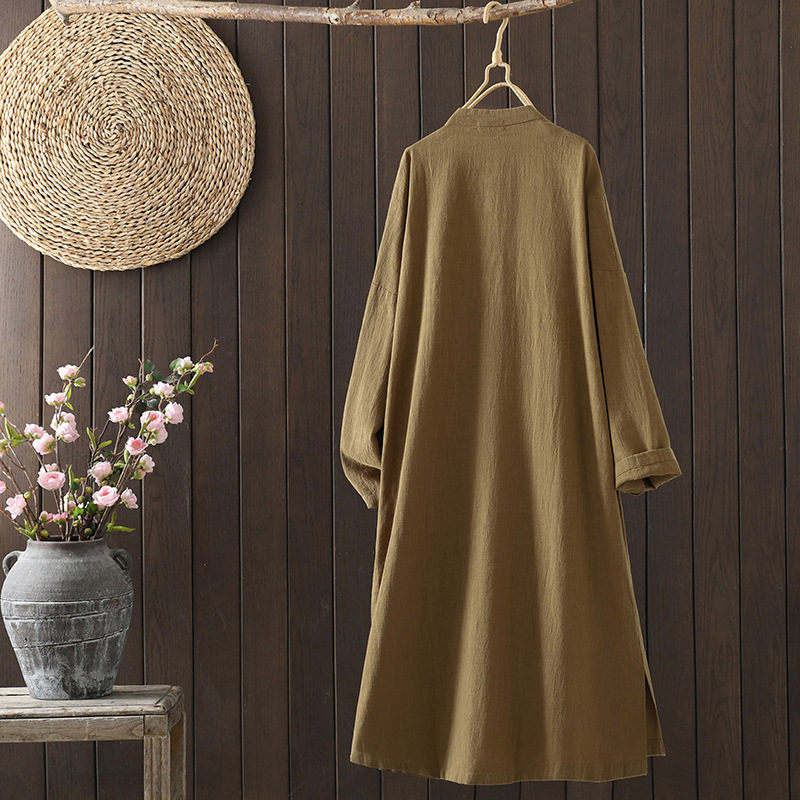 Hot-Selling In-Stock Real Photos Early Autumn New Chinese-Style Dress for Women, New Zen Meditation Layperson Clothing, Cotton and Linen Retro Zen-Inspired Asymmetrical Collar