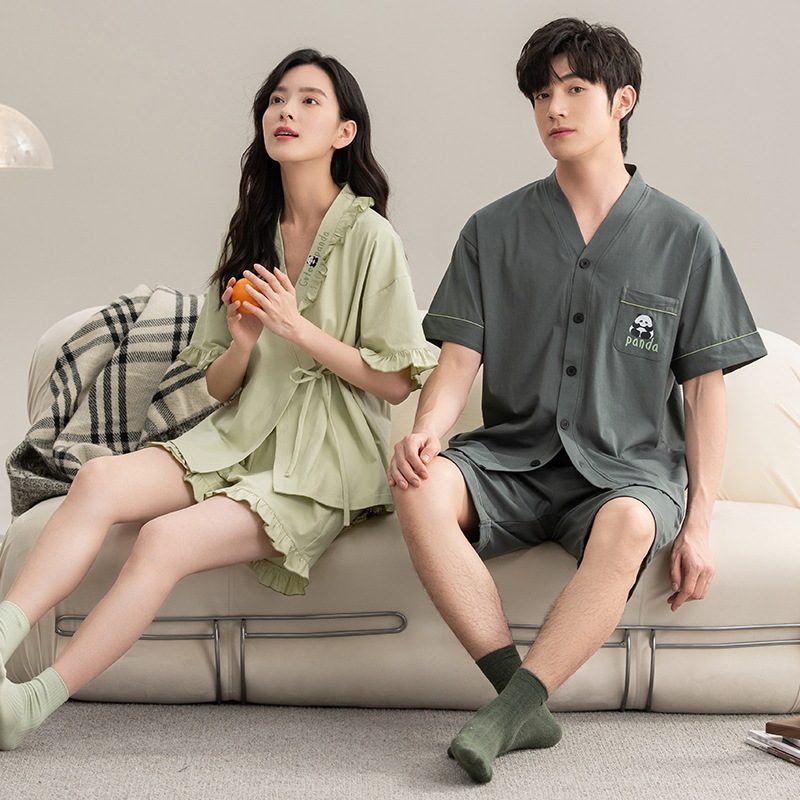 [7A antibacteriano] Pijamas de pareja primavera y verano algodón kimono de manga corta cárdigan con cuello en V traje de servicio a domicilio para hombre