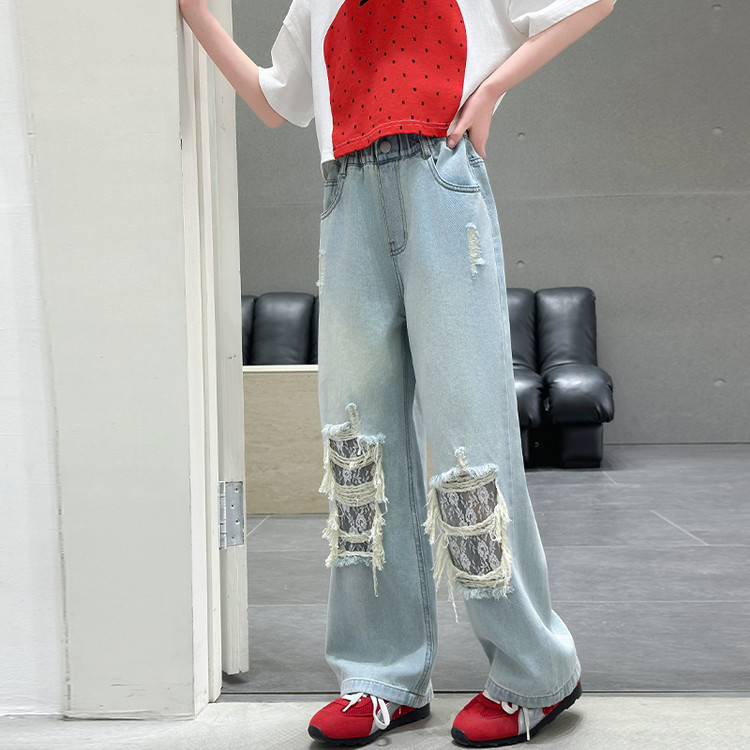 A25036 Style Ripped Lace Jeans Wide Leg New Children's Miscellaneous European And American Jeans_viptrois.com