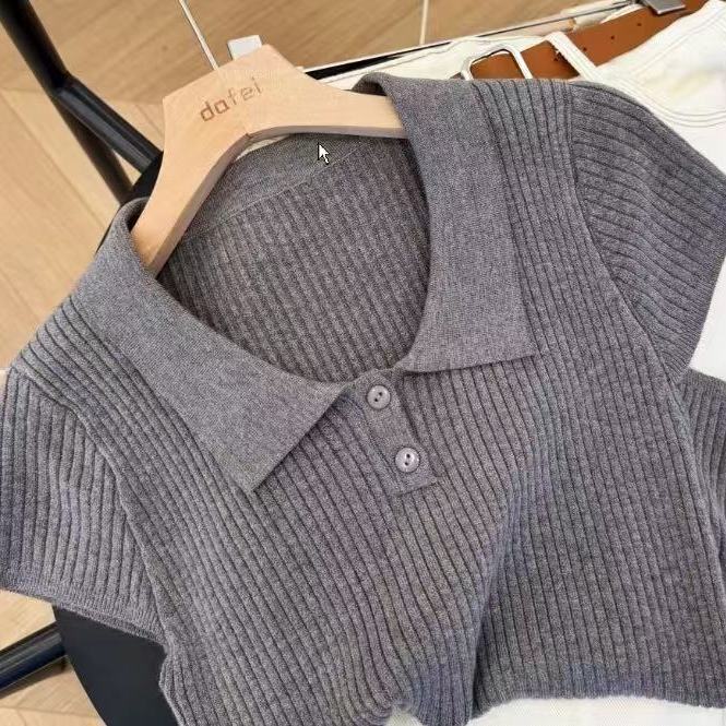 ポロシャツ半袖ニットトップ女性の夏の新しい薄いアイスシルクショートスリムフィットラペルショルダーTシャツ|undefined