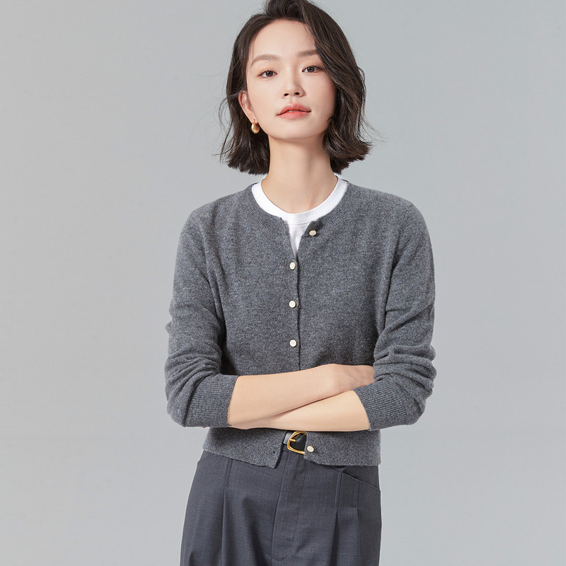秋冬款100%羊毛衫圆领开衫女精美纽扣时尚休闲简约纯色针织上衣女|undefined