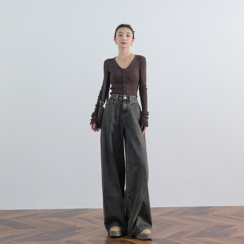 HYS | 2024 가을과 겨울 새로운 미국의 복고풍 향수 블루 그레이 느슨한 조커 넓은 다리 걸레 청바지 여성