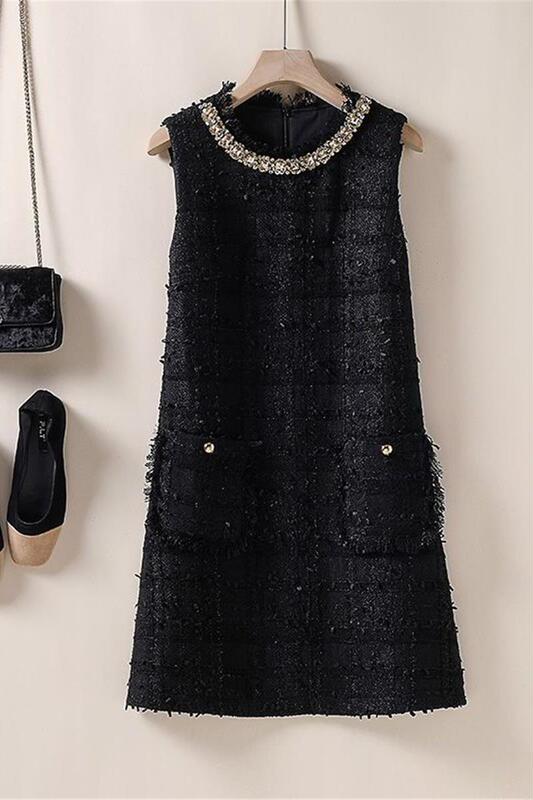 Chanel-Style Tweed Vest Dress, Beaded Round-Neck Tweed A-Line Slimming Dress, 2025 Winter New Women's Fashion