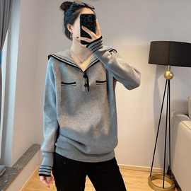 欧洲站 海军领灰色毛衣女 2026秋冬新款娃娃款内搭针织衫上衣打底