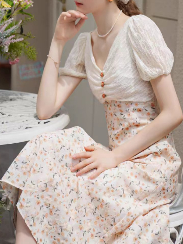 Gejiaショッピングモールの女性用2025年夏新作Vネック花柄パフスリーブドレス刺繍ウエストAラインスカート|undefined