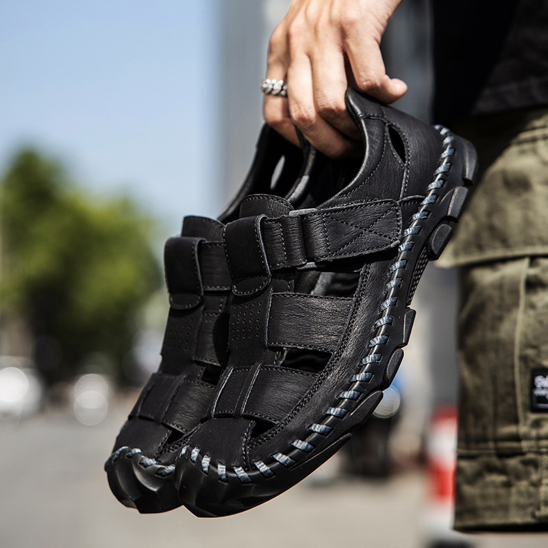 Cross-border Large-size Leather Hand-sewn Casual Sandals 2026 Summer New Men's Outdoor Clogs Beach Shoes_vogvips.com
