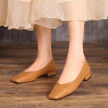 韓版奶奶鞋2022新款淺口單鞋低跟懶人一腳蹬氣質通勤真皮女式單鞋