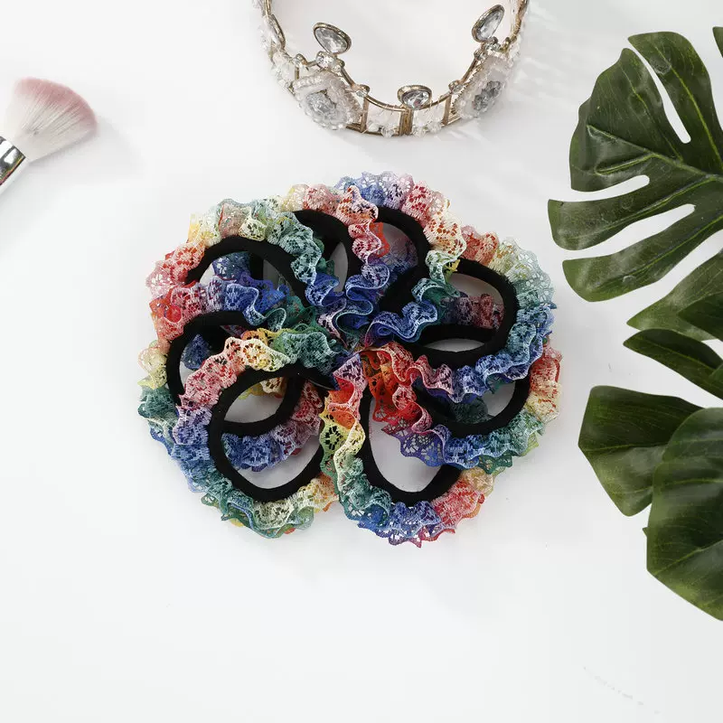 法式新款蕾丝扎染高弹力无接缝皮筋发绳日韩花边头饰发圈厂家直销