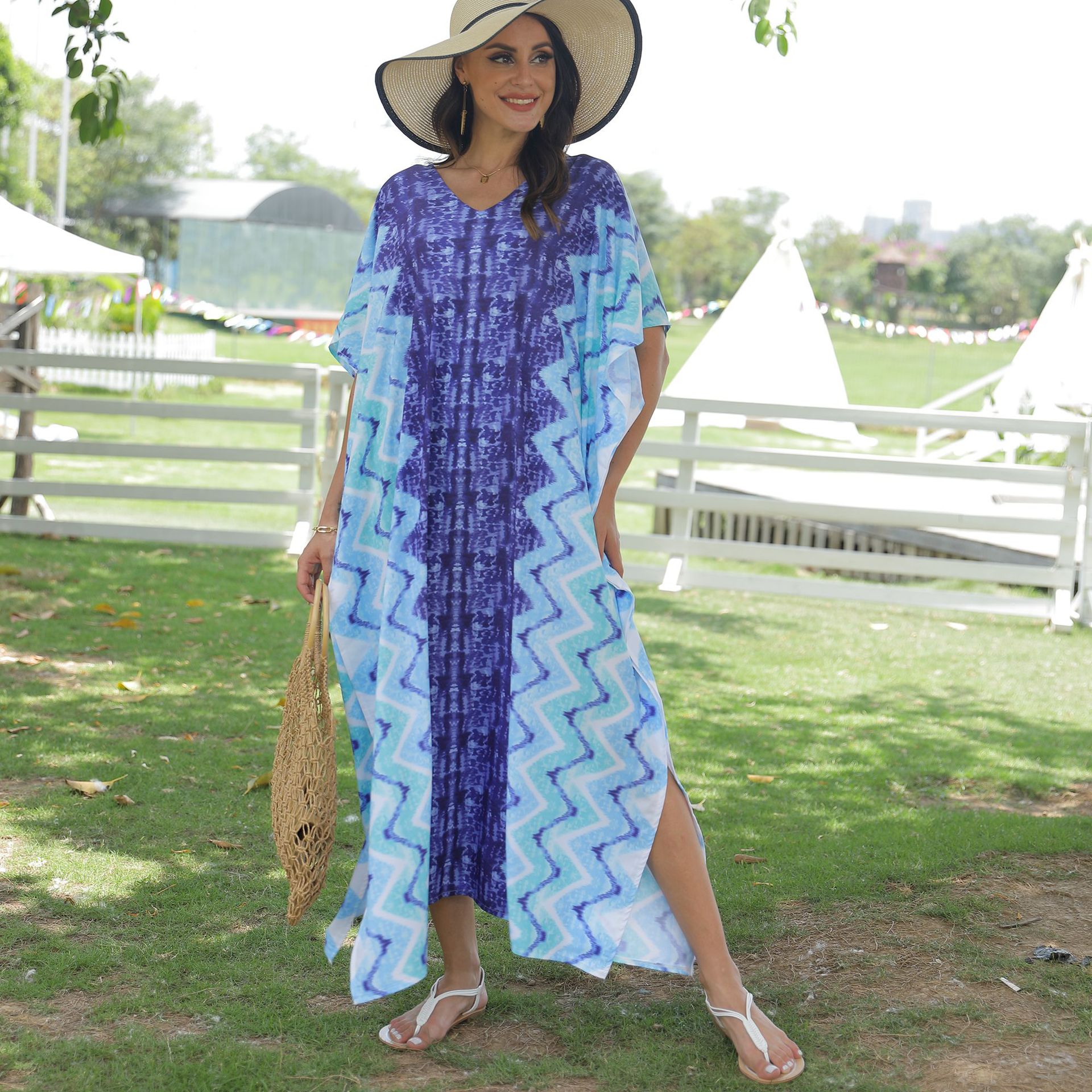 Transfronterizo europeo y americano de secado rápido posicionamiento flor playa vacaciones vestido túnica suelta más tamaño bikini blusa protección solar camisa 5D77