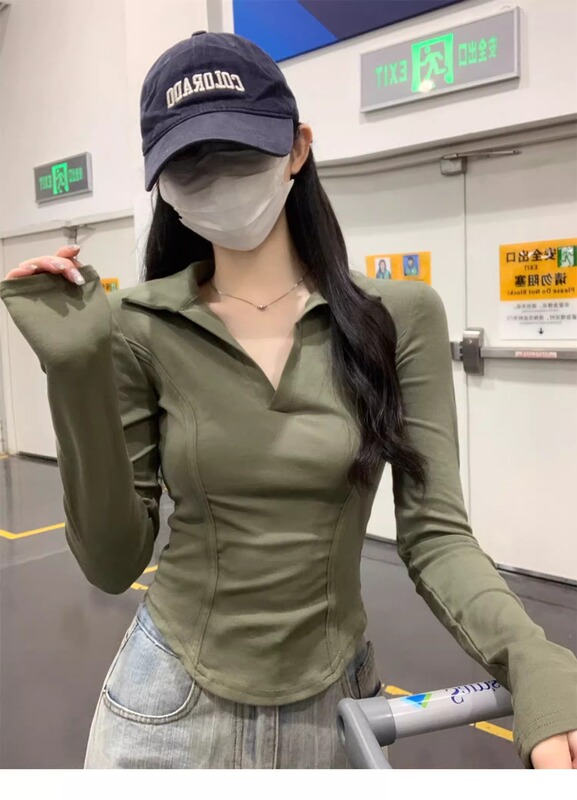 40 Count 1*1 Threaded Cotton American Polo Collar Versatile Fishbone Right Shoulder Open Draw Polo Collar Slim Long-Sleeved T-Shirt