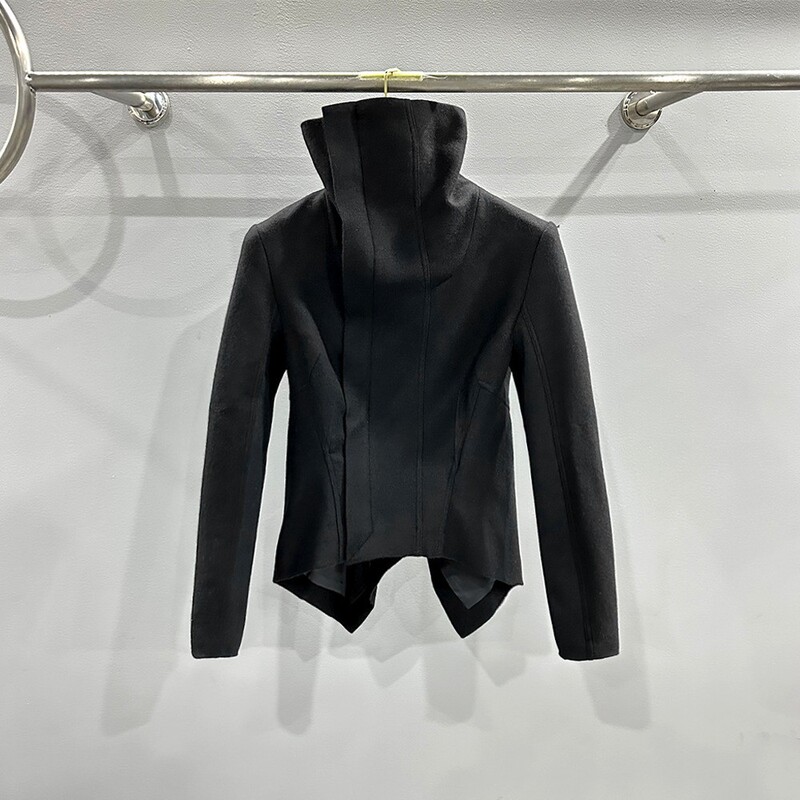 Subhuman Women's Model丨Dark High Street Style Thin Woolen Zipper Asymmetrical High Collar Slim Jacket Short Outwear