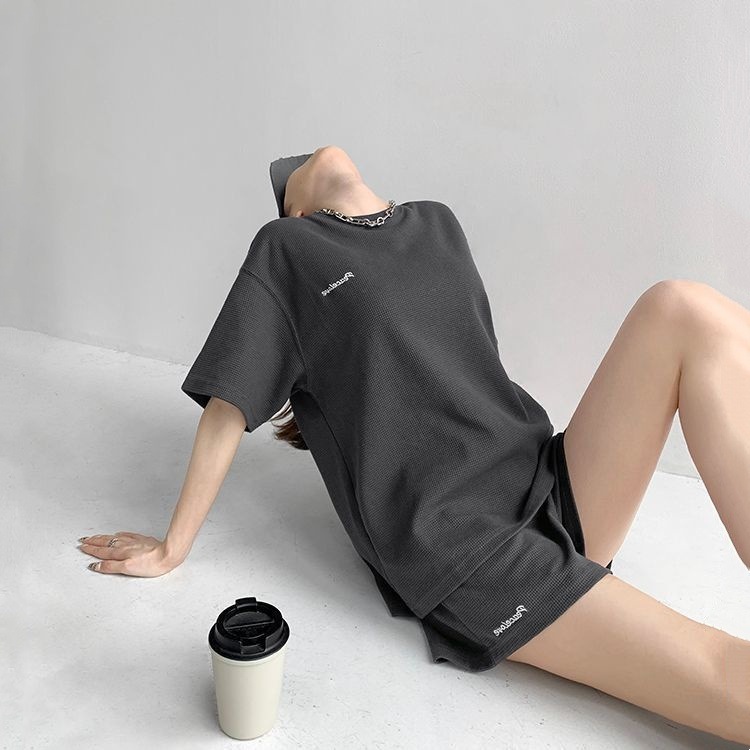 259 # ネット赤ワッフルスポーツスーツ女2024夏新ゆるいカジュアル半袖tシャツパンツ2点セット|undefined