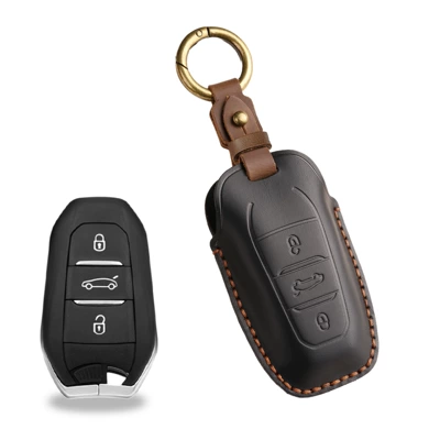 Retro Key Cover Suitable for Dongfeng Peugeot 5008 Key Cover Citroen Car Leather Key Case Buckle (Car key bag) - black