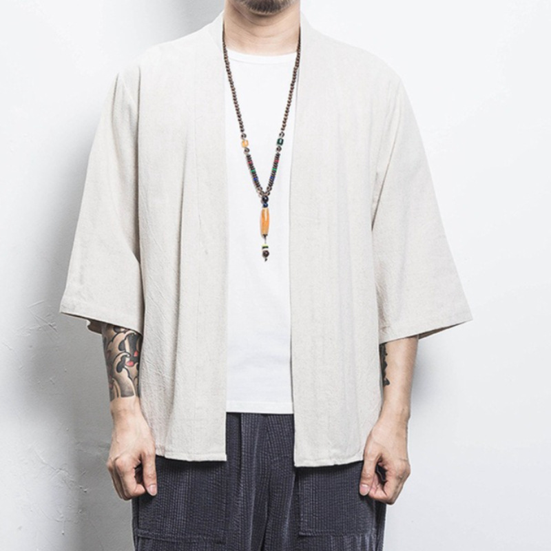 Cross-Border Tk Hot-Selling Seven-Quarter Sleeve Shirt, Chinese Style Summer Outfit, Hanfu Loose Cardigan, Kimono, Buttonless Jacket for Men Cross-Border Tk Hot-Selling Seven-Quarter Sleeve Shirt, Chinese Style Summer Outfit, Hanfu Loose Cardigan, Kimono, Buttonless Jacket for Men