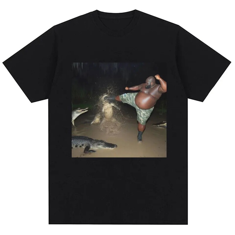 Funny Man Kicking Crocodile in Swamp T-Shirt Men Women Humor Retro Short Sleeve Oversized Cotton Casual T-Shirt Funny Man Kicking Crocodile in Swamp T-Shirt Men Women Humor Retro Short Sleeve Oversized Cotton Casual T-Shirt