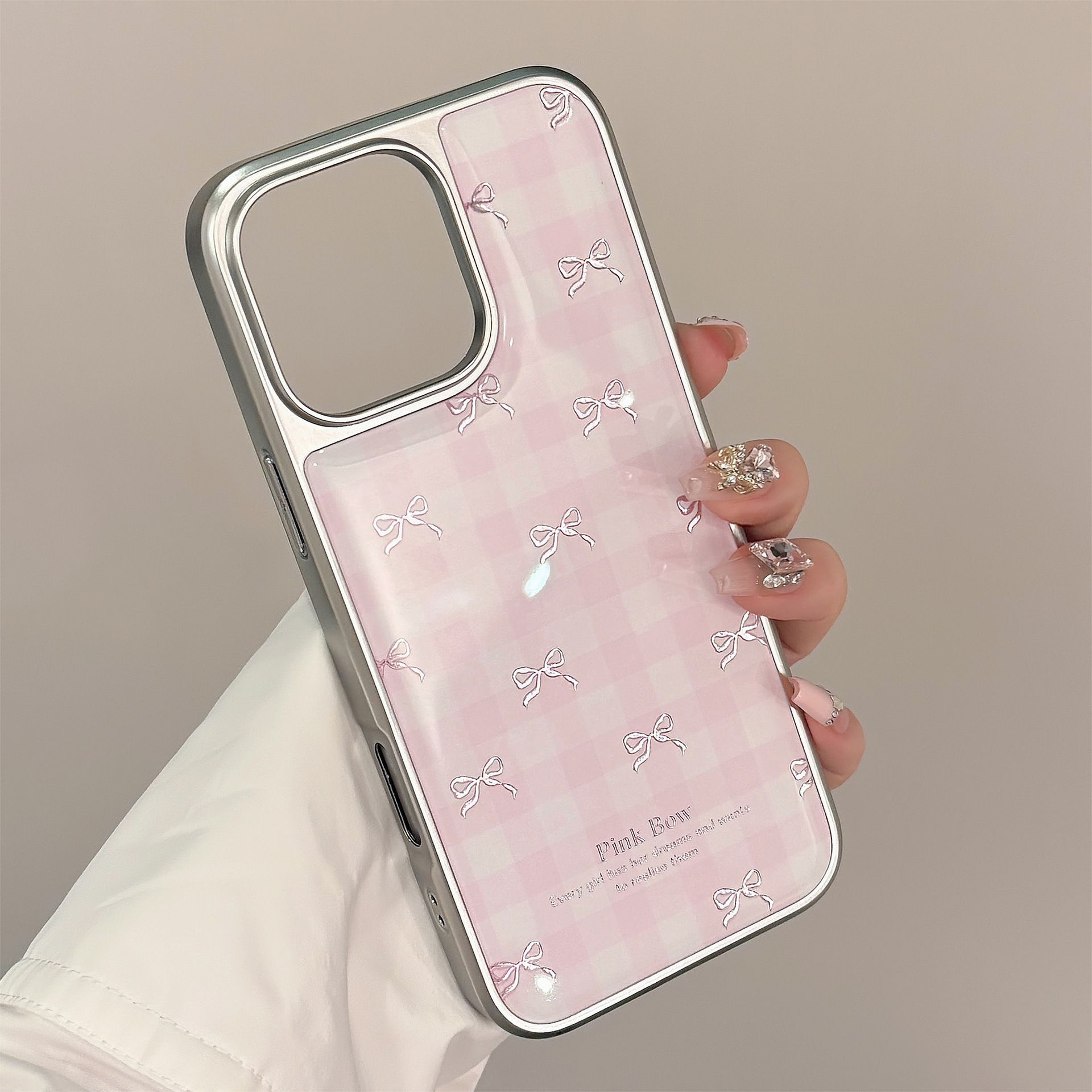 鎏金适用苹果15promax手机壳iphone16粉格纹蝴蝶结13电镀14甜美硬