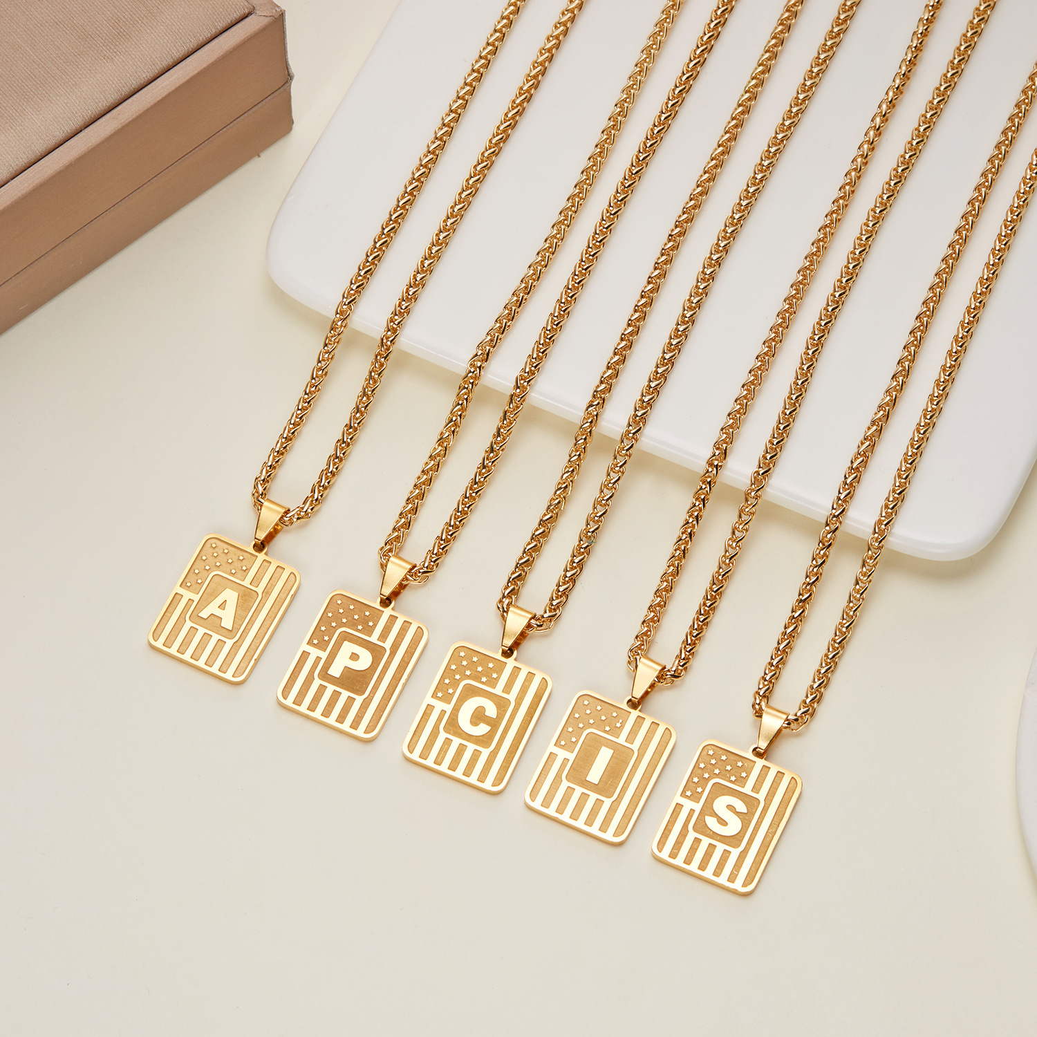 Cross-border new 26 letters square brand necklace fashion Joker American flag stainless steel pendant necklace in stock wholesale