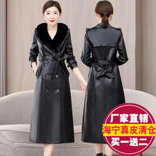 跨境海宁皮衣中长款过膝风衣秋冬新款绵羊皮大衣大码收腰外套批发
