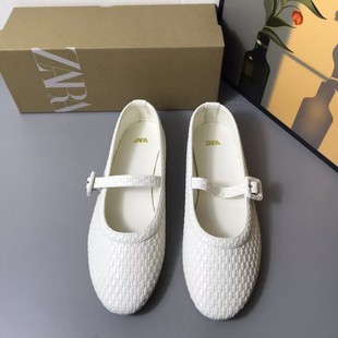 ZA European and American 2025 Spring New Women's Shoes White Straw Mat Woven Buckle Belt Ballet Round Head Flat Shoes for Women