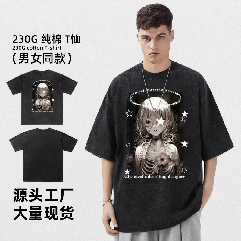 230g impresión camiseta de manga corta para hombres verano nuevo cuello redondo suelto oversize americano vintage in camiseta de moda