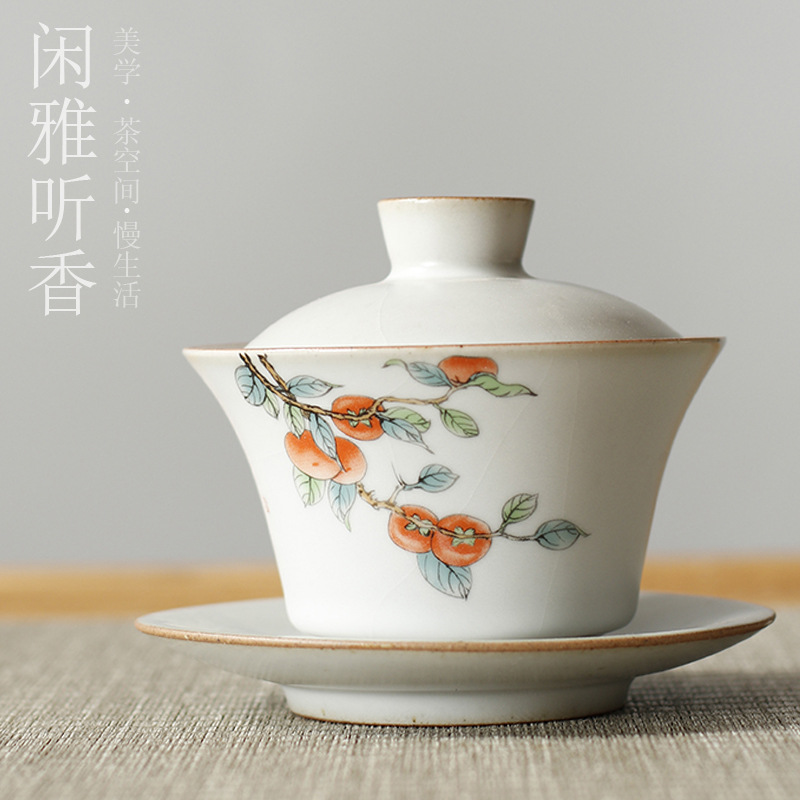 Luna blanca Ru horno filtro vintage cerámica Kung Fu juego de té con té japonés taza de té tazón de tres piezas cubierta tazón