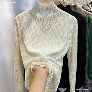Fleece-Lined Thickened Half-High Collar Lace Base Shirt for Women, Long-Sleeve Autumn and Winter Inner Wear, Pleated Stylish Top, Versatile Trendy Top
