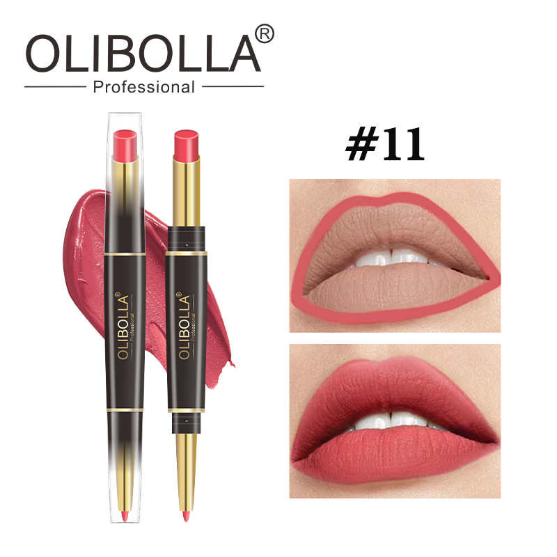 OLIBOLLA lápiz labial de doble cabeza delineador de labios 24 colores perlado color impermeable lápiz labial giratorio exclusivo transfronterizo