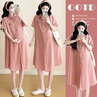 Real Shot of Korean Style Stripesd Embroidered Loose Casual Shirt Dress Maternity Dress