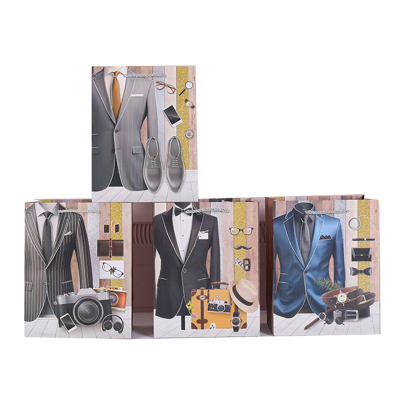 新款男士西装礼品袋外贸跨境男生礼物包装纸袋烫银现货手提袋