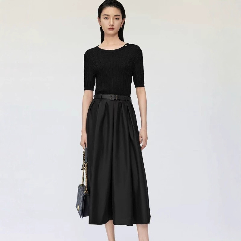 Naijia's Same Style 2025 Spring and Summer New Fake Two-Piece Design Slim Mid-Length Dress Women's Woolen Skirt