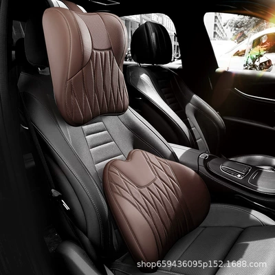 High-End Car Headrest, Neck Headrest - coffee-brown-headrest-lumbar-support-set-genuine-leather-style-c-quilted-upgrade-3d-full-support