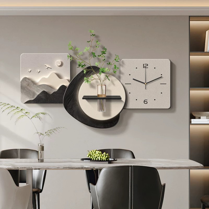 背有靠山餐厅装饰画简约现代餐桌背景墙挂钟钟表客厅水培绿植挂画