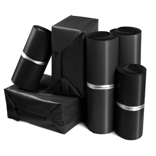 Black courier bags, 12-mil thickened, waterproof, large size with self-adhesive closure—available in small sizes for packaging and shipping. Large-scale production and wholesale options available.