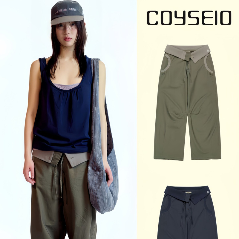 Korean Niche Fashion Brand Coyseio Workwear Pants with Unique Drawstring Cuffed Waist, Wide-Leg Casual Straight Pants for Women