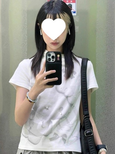 [210g, 40-count Pure Cotton] KT Cat Print Rhinestone-Embellished Short-Sleeve T-Shirt for Women | Designer-Like Hooded Slim-Fit Top