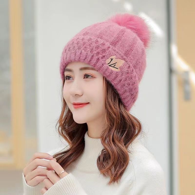 女性の秋と冬の多用途韓国スタイルのカエデの葉の刺繍ファッション厚いウールの帽子とベルベットの暖かいニットプルオーバー帽子|undefined