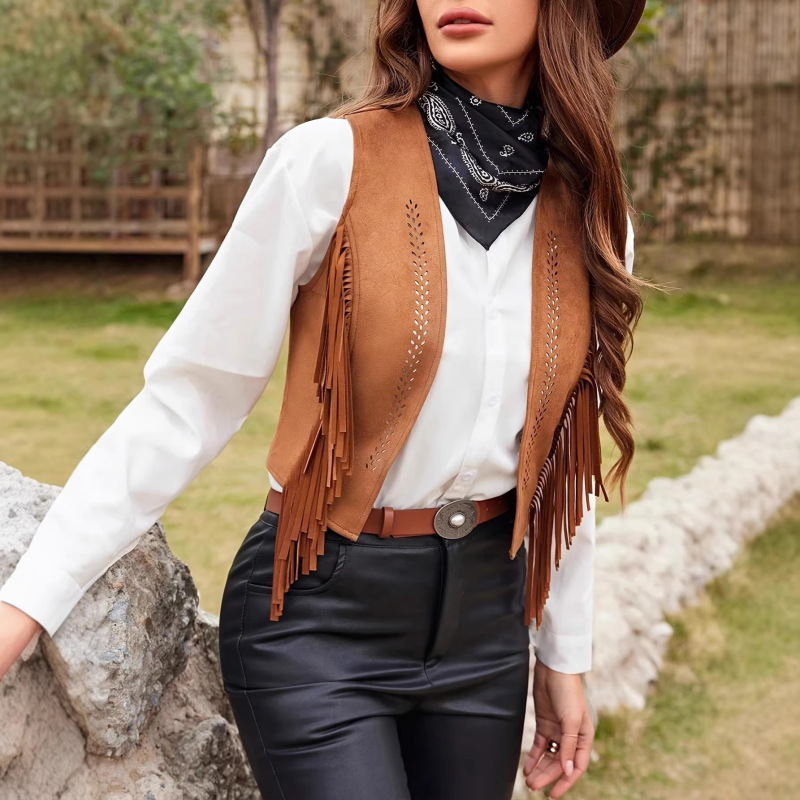 European and American Cross-Border Tassel Vest Women's Denim Clothing Faux Suede Tassel Hippie Clothing Vest Jacket Western Style