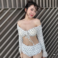 新款韩版比基尼性感修身系带聚拢复古波点高腰遮肚长袖分体泳衣女