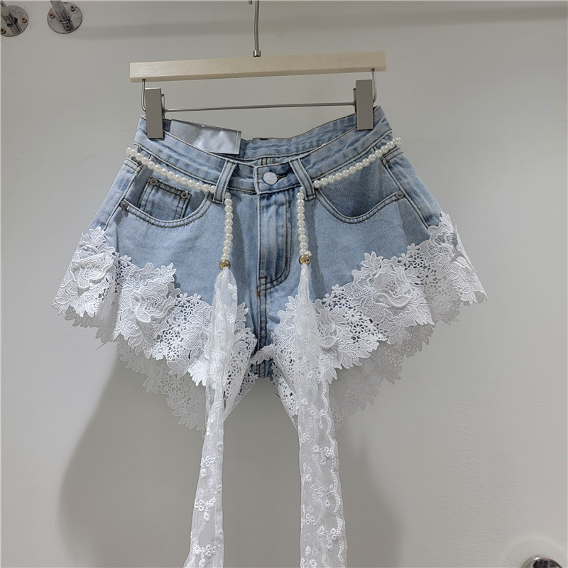 Pantalones Cortos de Mezclilla con Bordado y Encaje Incluye Cinturón para Mujer