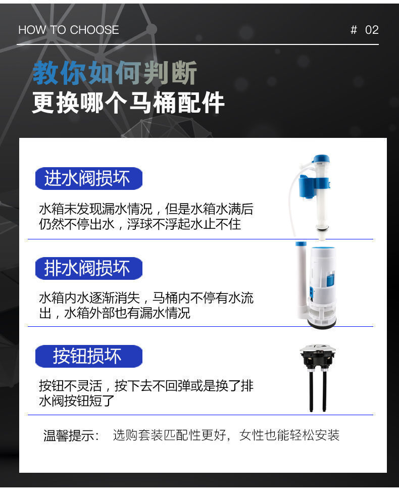 Universal toilet tank accessories, water inlet valve, drain valve, old-fashioned toilet water supply valve, water outlet complete set Specification drawing