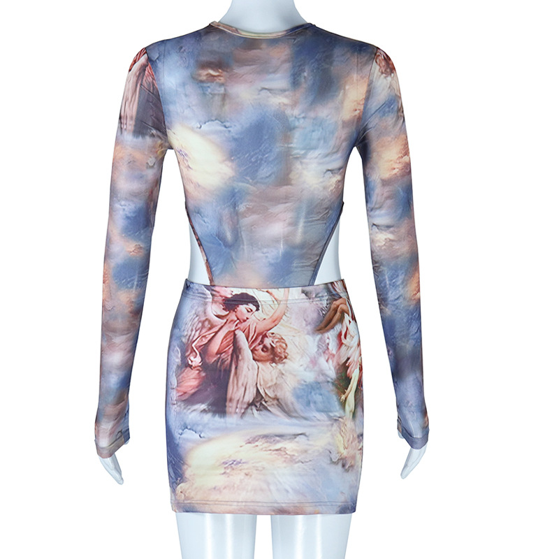 Tight Set round Neck See through Long Sleeve Jumpsuit Character Printed Hip Skirt Two Piece Suit Women