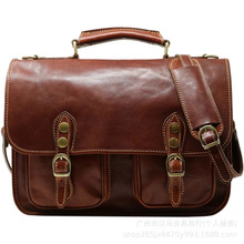 跨境油蜡皮复古手工男式公文包 头层牛皮邮差包大容量单肩公文包