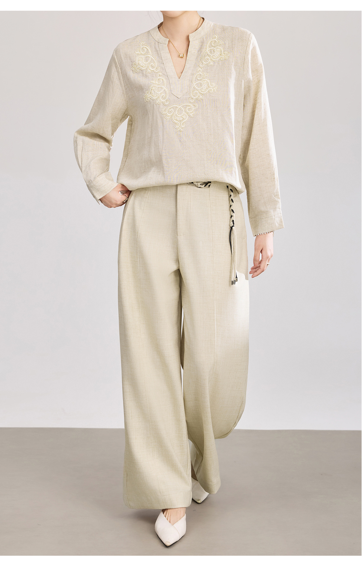 Quần culottes nữ ống rộng cạp cao kèm thắt lưng dệt bản to — màu đen chi tiết 14