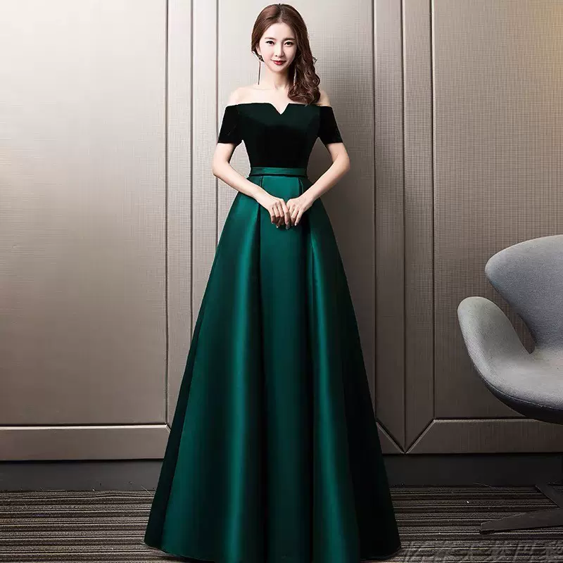 宴会晚礼服2023新款一字肩高贵优雅气质名媛演出年会合唱礼服裙女