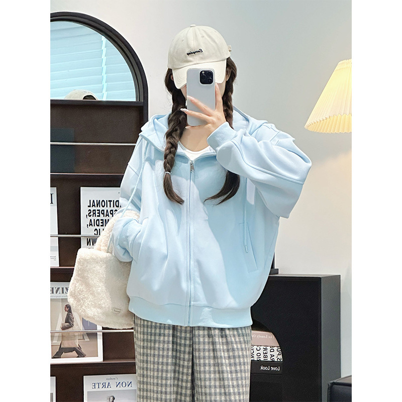 美式浅灰色卫衣女秋季2025新款复古连帽外套宽松慵懒百搭开衫上衣|undefined