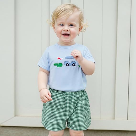 Toddler Boys Girls Summer Clothes Golf Cart Print Short Sleeve T-Shirt Matching Checkered Shorts Outfit