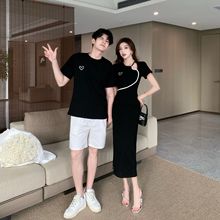 一件代发2025年新透气薄款针织固色黑显瘦情侣装女裙男衣男裤