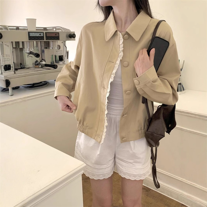 花边拼接翻领长袖夹克外套女新款短款设计感棒球服上衣潮女装夹克|undefined