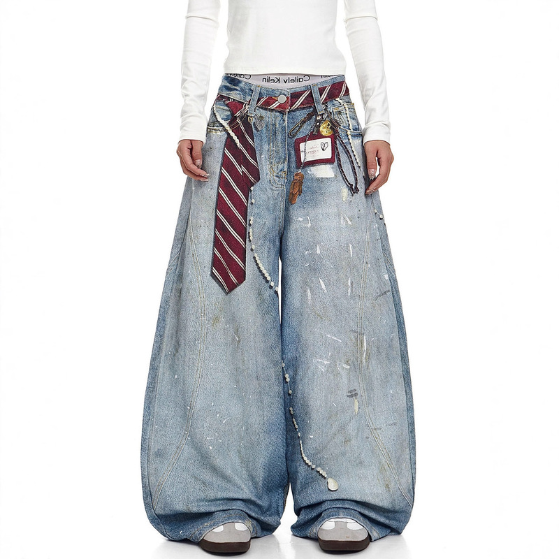 American Retro Washed Tie 3D Printed Scimitar Jeans Men's Street Fashion Brand Handsome Loose Casual Wide-Leg Pants American Retro Washed Tie 3D Printed Scimitar Jeans Men's Street Fashion Brand Handsome Loose Casual Wide-Leg Pants